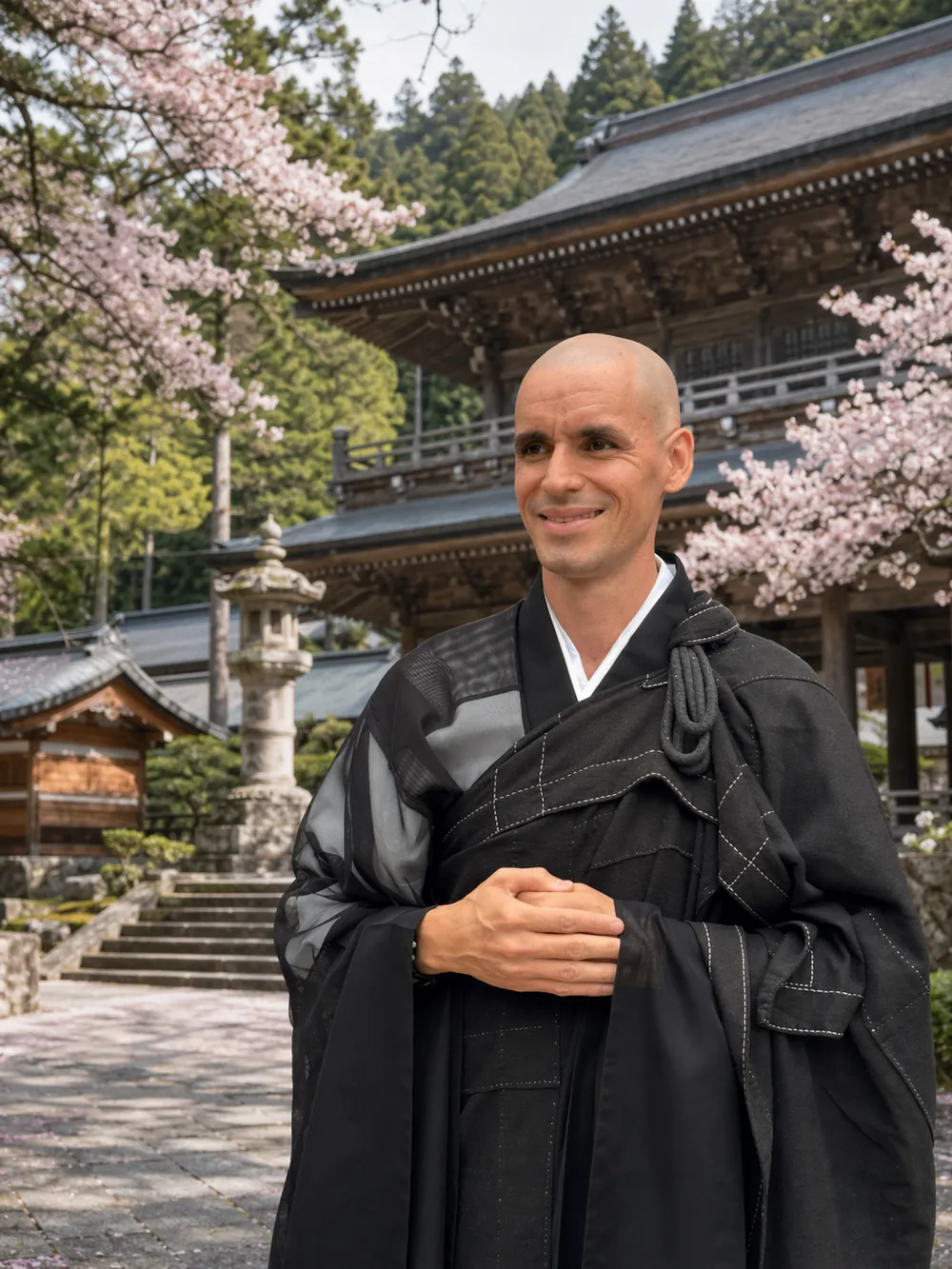 Professor de budismo em plano médio diante da entrada de um templo
